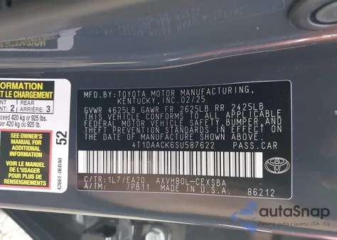 2025 Toyota Camry Se from USA, damaged, VIN 4T1DAACK6SU587622